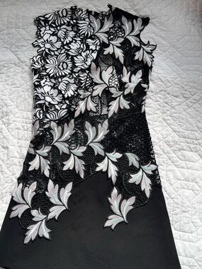 Self-Portrait Black and White Sleeveless Lace Appliqué Dress. Size 0